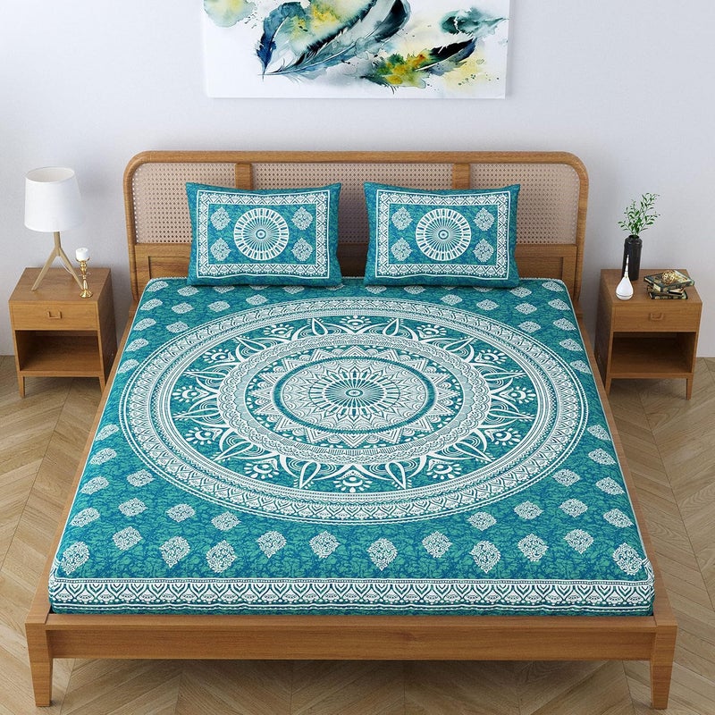 Colorish Cotton Blend Mandala Printed Jaipuri Batik Bedsheet for Double Bed King Size with 2 Pillow Covers Sea Green - Image 5
