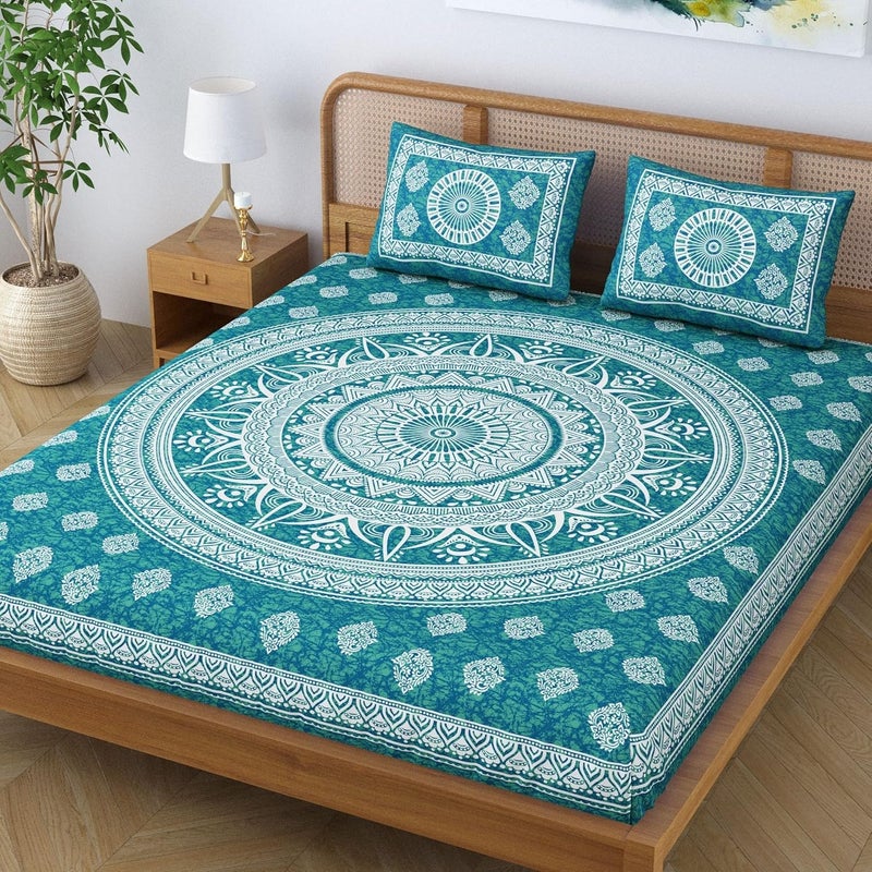 Colorish Cotton Blend Mandala Printed Jaipuri Batik Bedsheet for Double Bed King Size with 2 Pillow Covers Sea Green - Image 3