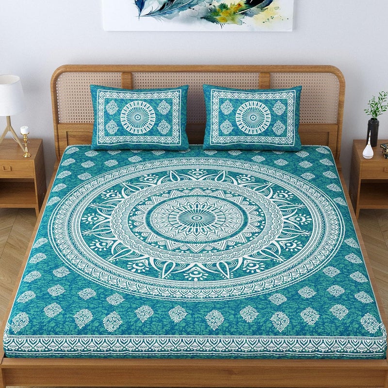 Colorish Cotton Blend Mandala Printed Jaipuri Batik Bedsheet for Double Bed King Size with 2 Pillow Covers Sea Green - Image 2