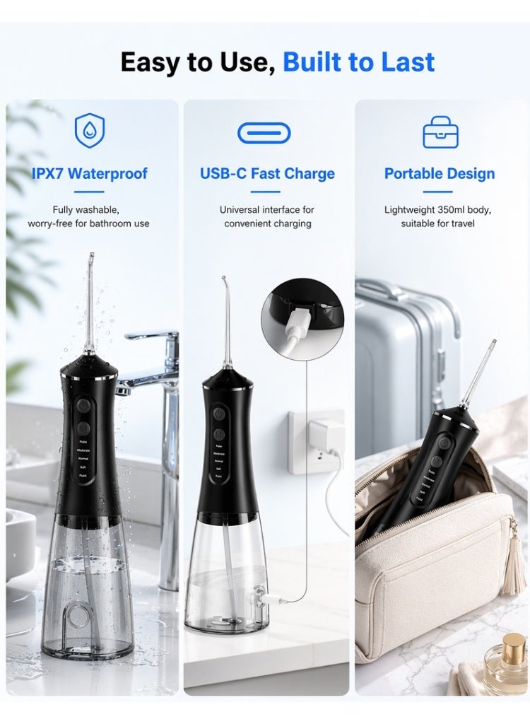 Woofixer 350ML Water Flosser for Teeth Cleaning 5 Pressure Modes 1800 Pulses Per Minute 350ML Tank 5 Replaceable Tips IPX7 Waterproof Type-C Rechargeable 45 Day Battery Oral Irrigator for Home Travel, Black - Image 5
