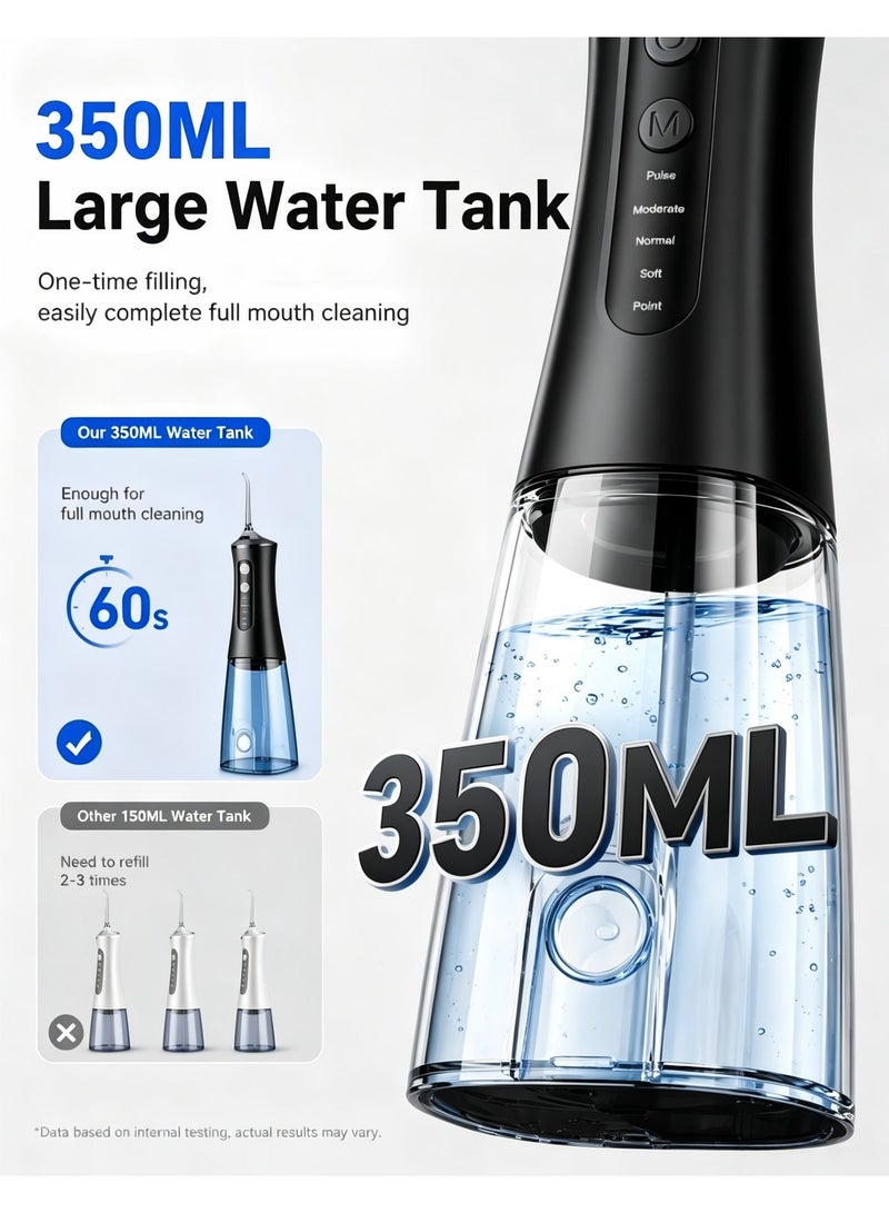 Woofixer 350ML Water Flosser for Teeth Cleaning 5 Pressure Modes 1800 Pulses Per Minute 350ML Tank 5 Replaceable Tips IPX7 Waterproof Type-C Rechargeable 45 Day Battery Oral Irrigator for Home Travel, Black - Image 2
