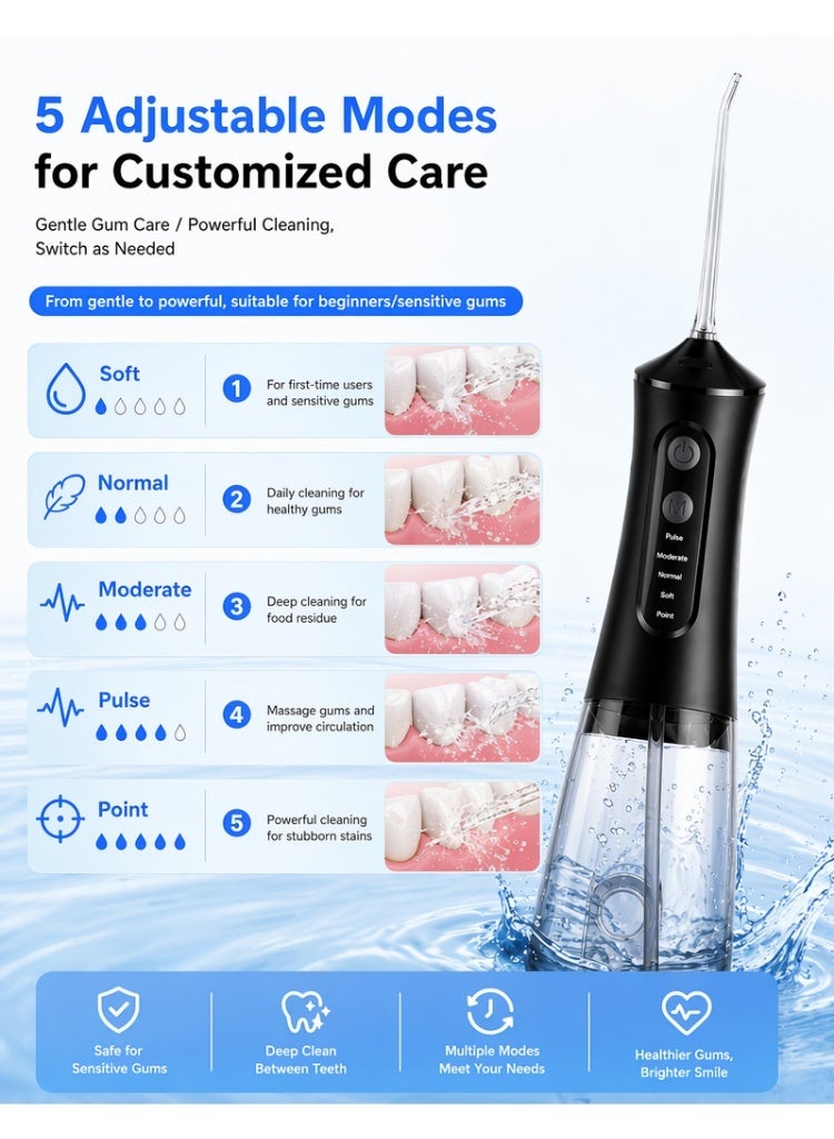 Woofixer 350ML Water Flosser for Teeth Cleaning 5 Pressure Modes 1800 Pulses Per Minute 350ML Tank 5 Replaceable Tips IPX7 Waterproof Type-C Rechargeable 45 Day Battery Oral Irrigator for Home Travel, Black - Image 3