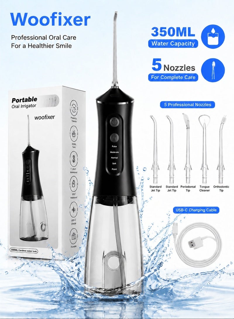 Woofixer 350ML Water Flosser for Teeth Cleaning 5 Pressure Modes 1800 Pulses Per Minute 350ML Tank 5 Replaceable Tips IPX7 Waterproof Type-C Rechargeable 45 Day Battery Oral Irrigator for Home Travel, Black - Image 1