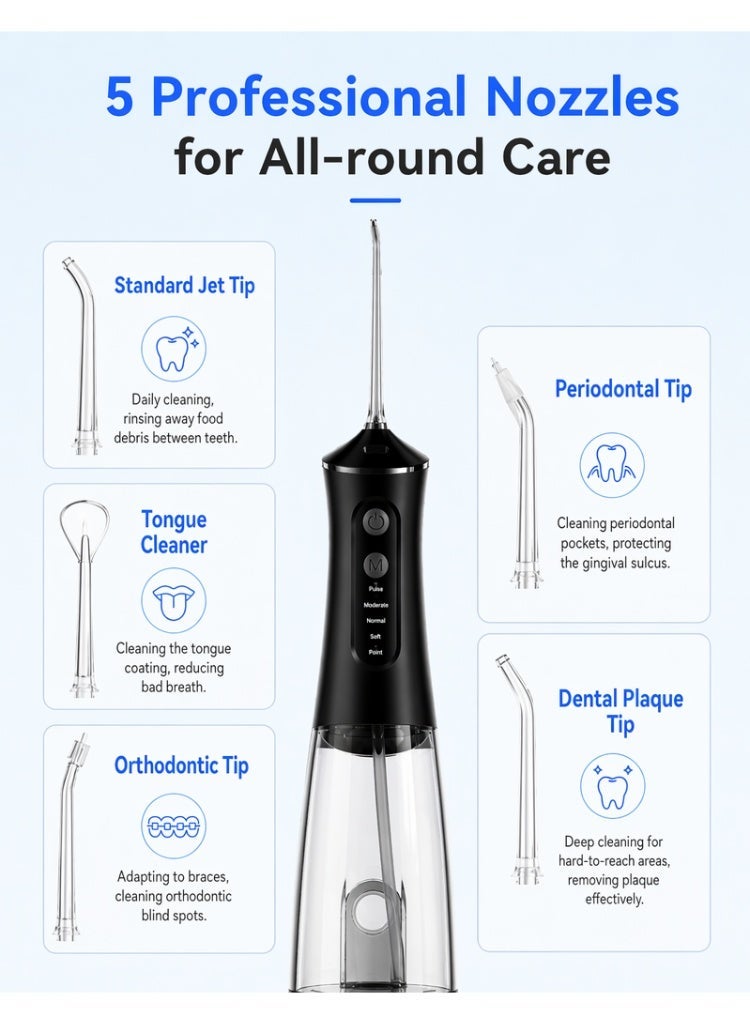 Woofixer 350ML Water Flosser for Teeth Cleaning 5 Pressure Modes 1800 Pulses Per Minute 350ML Tank 5 Replaceable Tips IPX7 Waterproof Type-C Rechargeable 45 Day Battery Oral Irrigator for Home Travel, Black - Image 4
