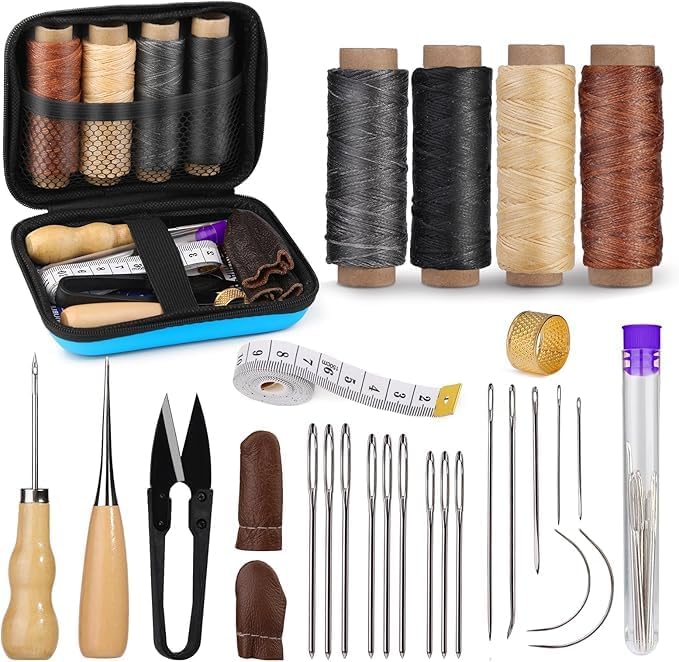 LEATHER SEWING KIT LEATHER STITCHING KIT LEATHER WORKING KIT WITH LEATHER NEEDLES SEWING AWL WAXED THREAD LEATHER UPHOLSTERY REPAIR KIT SEWING TOOLS FOR HAND STITCHING DIY LEATHER CRAFT