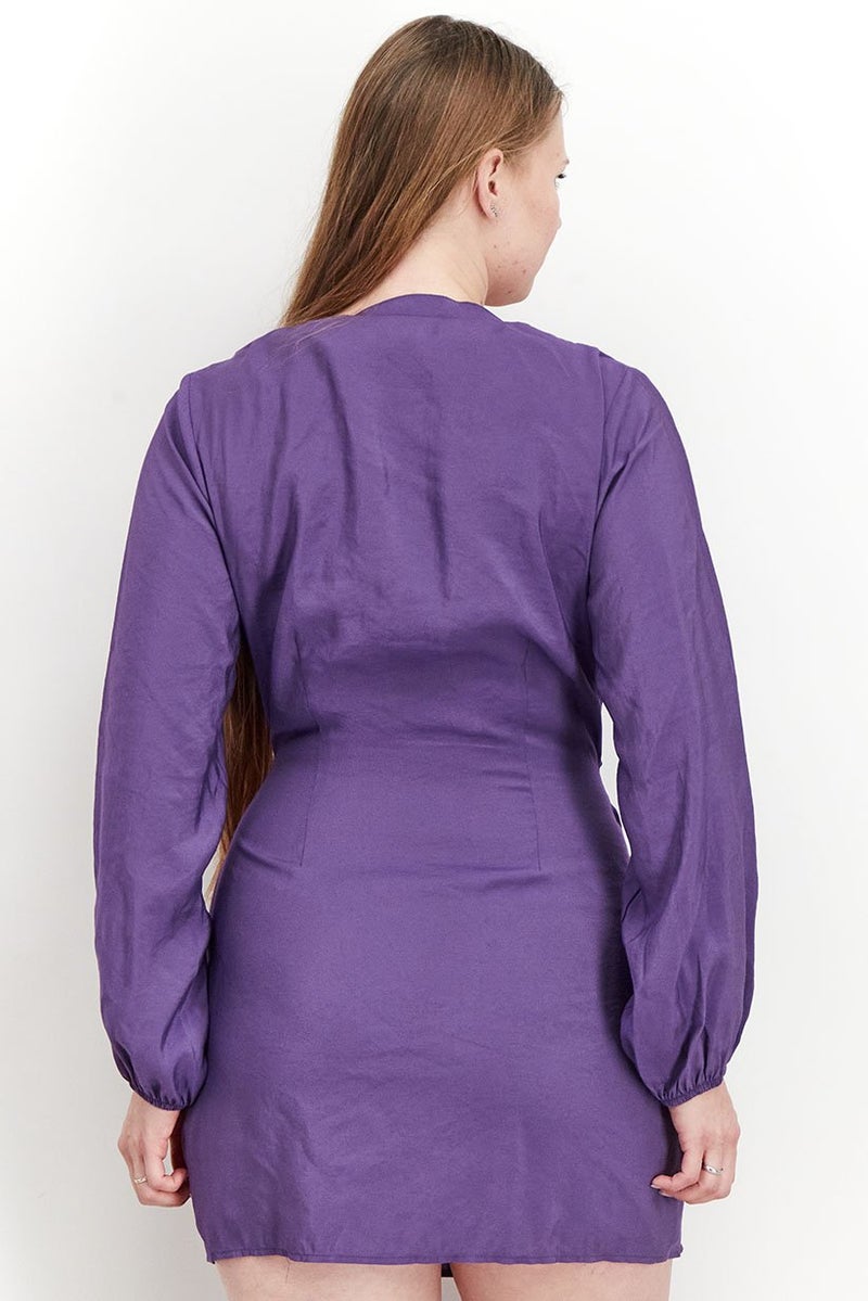 NA-KD فستان ميني بسيط بأكمام طويلة على شكل حرف V للنساء، بنفسجي - Image 2