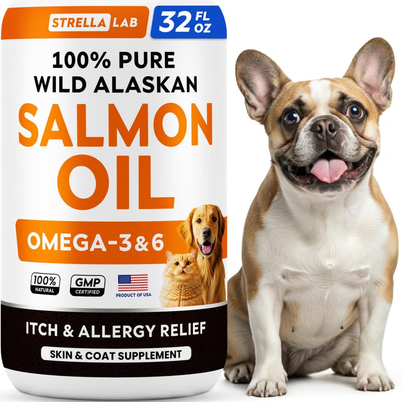 StrellaLab 32 OZ Salmon Oil for Dogs - Omega 3 for Dogs & Cats, Itch & Allergy Relief, Wild Alaskan Salmon Oil for Skin & Coat, Fish Oil Liquid, Shedding Health Support EPA & DHA Fatty Acids - Image 1