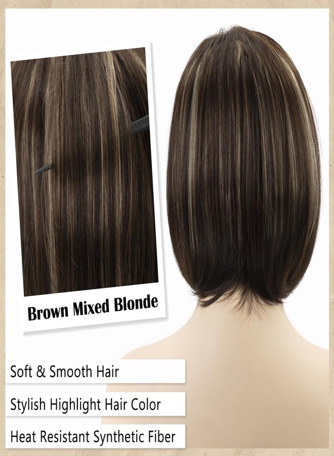 TISHINING Brown Highlight Short Bob Wig with Bangs for White Women Chin Length Layered Brown Mix Blonde Pixie Bob Wig Synthetic Natural Straight Hair Wigs for Daily Party Use - Image 3