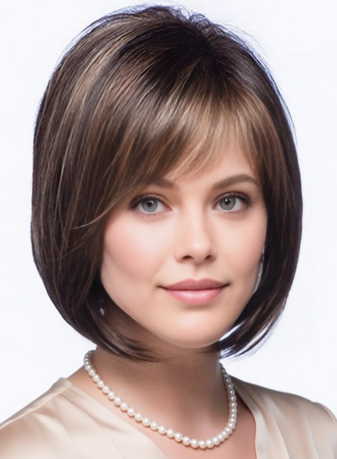 TISHINING Brown Highlight Short Bob Wig with Bangs for White Women Chin Length Layered Brown Mix Blonde Pixie Bob Wig Synthetic Natural Straight Hair Wigs for Daily Party Use - Image 1
