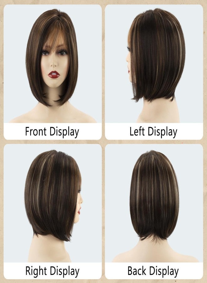 TISHINING Brown Highlight Short Bob Wig with Bangs for White Women Chin Length Layered Brown Mix Blonde Pixie Bob Wig Synthetic Natural Straight Hair Wigs for Daily Party Use - Image 4