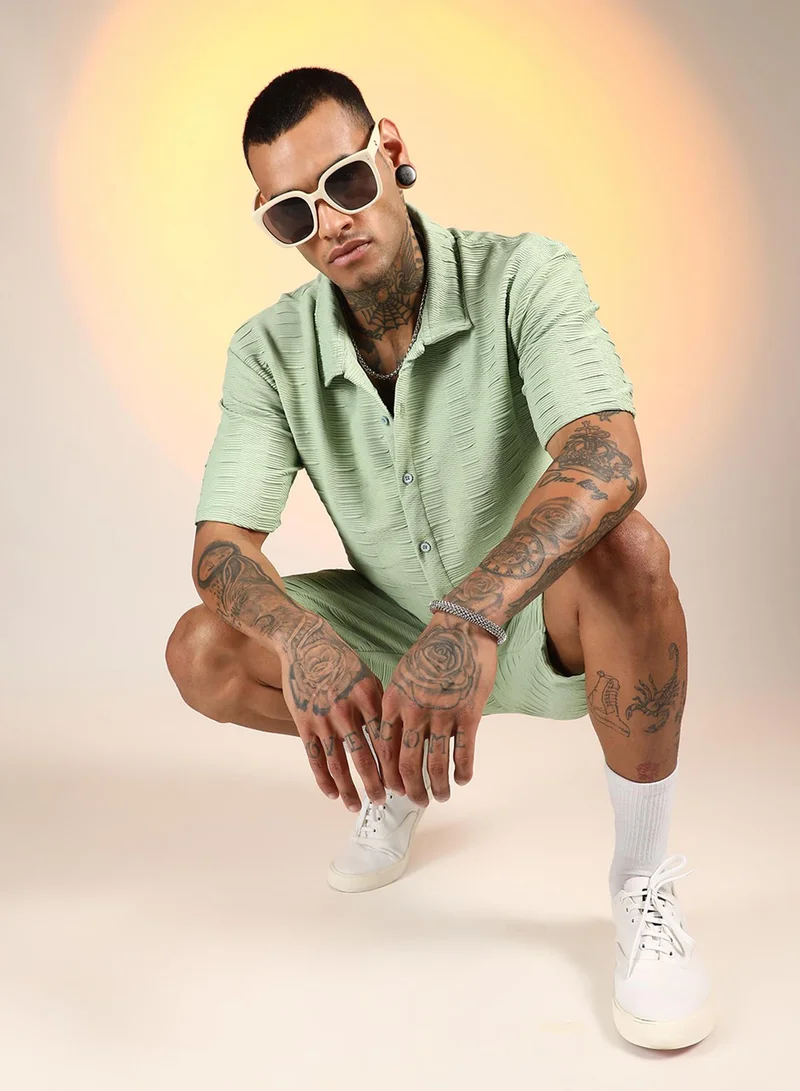 Campus Sutra Men's Mint Green Ruche-Ribbed Co-Ord Set