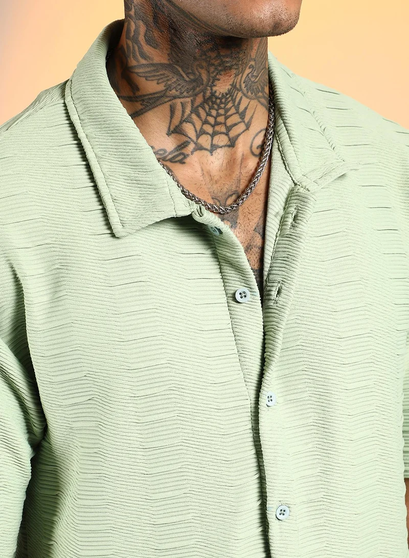 Campus Sutra Men's Mint Green Ruche-Ribbed Co-Ord Set