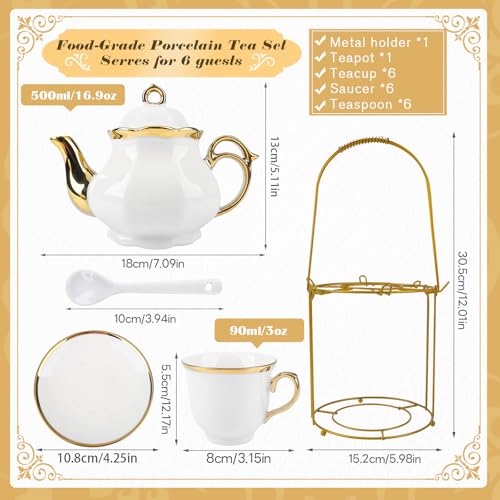 Hebaogugu 20 Pcs Porcelain Tea Set with Metal Holder, European Ceramic Tea Set for Adults, Coffee Tea Gift Sets, French Tea Cup Saucer Set for Party With Gold Trim (French White) - Image 3