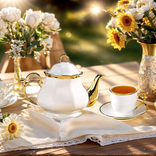 Hebaogugu 20 Pcs Porcelain Tea Set with Metal Holder, European Ceramic Tea Set for Adults, Coffee Tea Gift Sets, French Tea Cup Saucer Set for Party With Gold Trim (French White) - Image 2