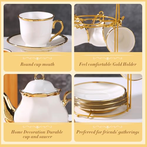 Hebaogugu 20 Pcs Porcelain Tea Set with Metal Holder, European Ceramic Tea Set for Adults, Coffee Tea Gift Sets, French Tea Cup Saucer Set for Party With Gold Trim (French White) - Image 5