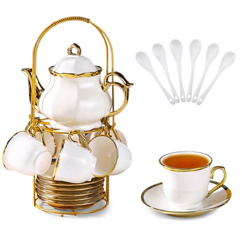 Hebaogugu 20 Pcs Porcelain Tea Set with Metal Holder, European Ceramic Tea Set for Adults, Coffee Tea Gift Sets, French Tea Cup Saucer Set for Party With Gold Trim (French White) - Image 1