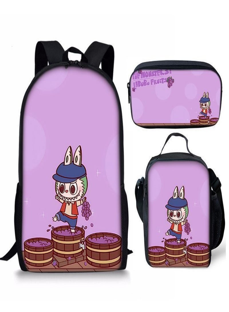 LABUBU Children Backpack Schoolbag Teen Student School Book bag with Lunch Box Pen Case 3 in 1 for Kids
