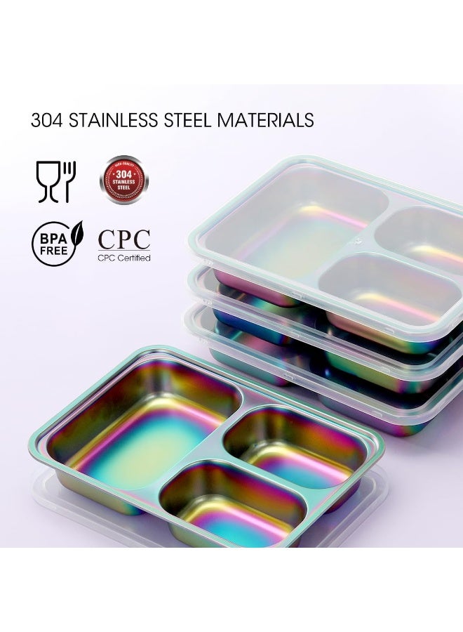 آيف Stainless Steel Kids Plates, 4 Pack Stainless Steel Portion Control Plate with Lids for Toddler 3 Compartment Non-Toxic (Rainbow) - Image 3