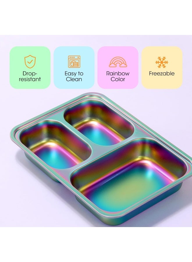 آيف Stainless Steel Kids Plates, 4 Pack Stainless Steel Portion Control Plate with Lids for Toddler 3 Compartment Non-Toxic (Rainbow) - Image 2