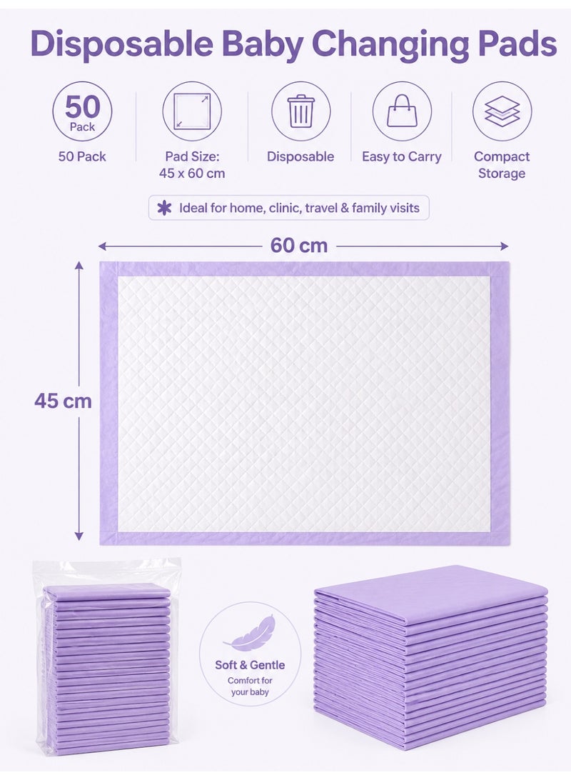 insular 50 Pack Disposable Changing Pads, Super Absorbent 6-Layer Underpads, Leak-Proof with Sealed Edges, Thick Nursing Pads for Newborn and Infant Care, 60×45cm, Mat for Bed and Table (Purple) - Image 4