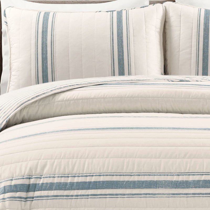 Lush Decor Farmhouse Stripe Reversible Cotton Quilt King Size 3 Piece Set Blue - Farmhouse Bedding Set King Quilt - Striped Bedding - Image 3
