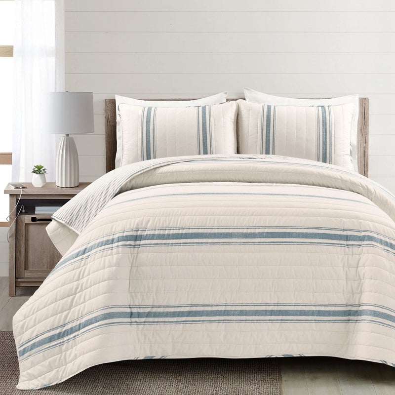 Lush Decor Farmhouse Stripe Reversible Cotton Quilt King Size 3 Piece Set Blue - Farmhouse Bedding Set King Quilt - Striped Bedding - Image 1
