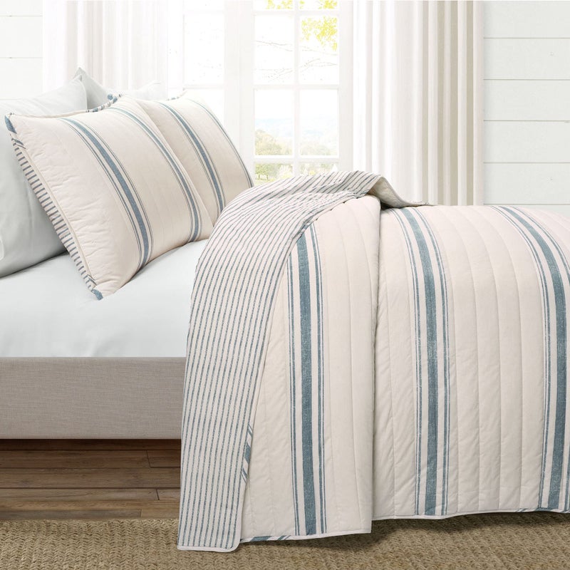 Lush Decor Farmhouse Stripe Reversible Cotton Quilt King Size 3 Piece Set Blue - Farmhouse Bedding Set King Quilt - Striped Bedding - Image 2