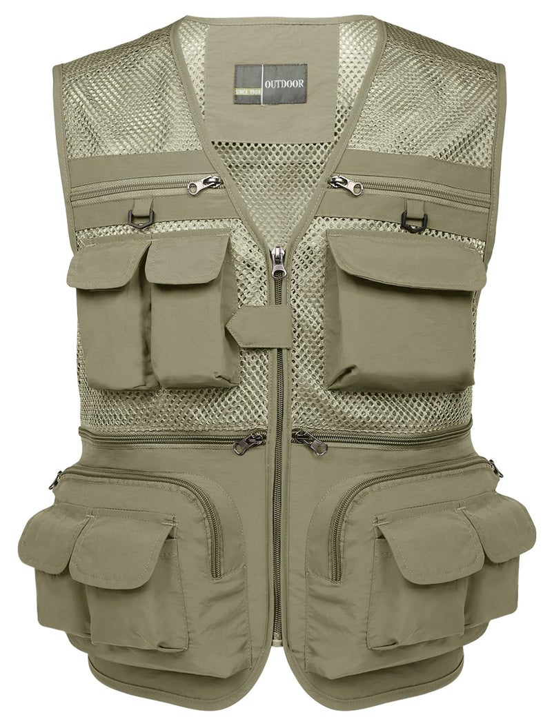 Flygo Mens Fishing Vest Utility Lightweight Outdoor Travel Safari Photo Cargo Vest with 16 pockets mesh Light Khaki L