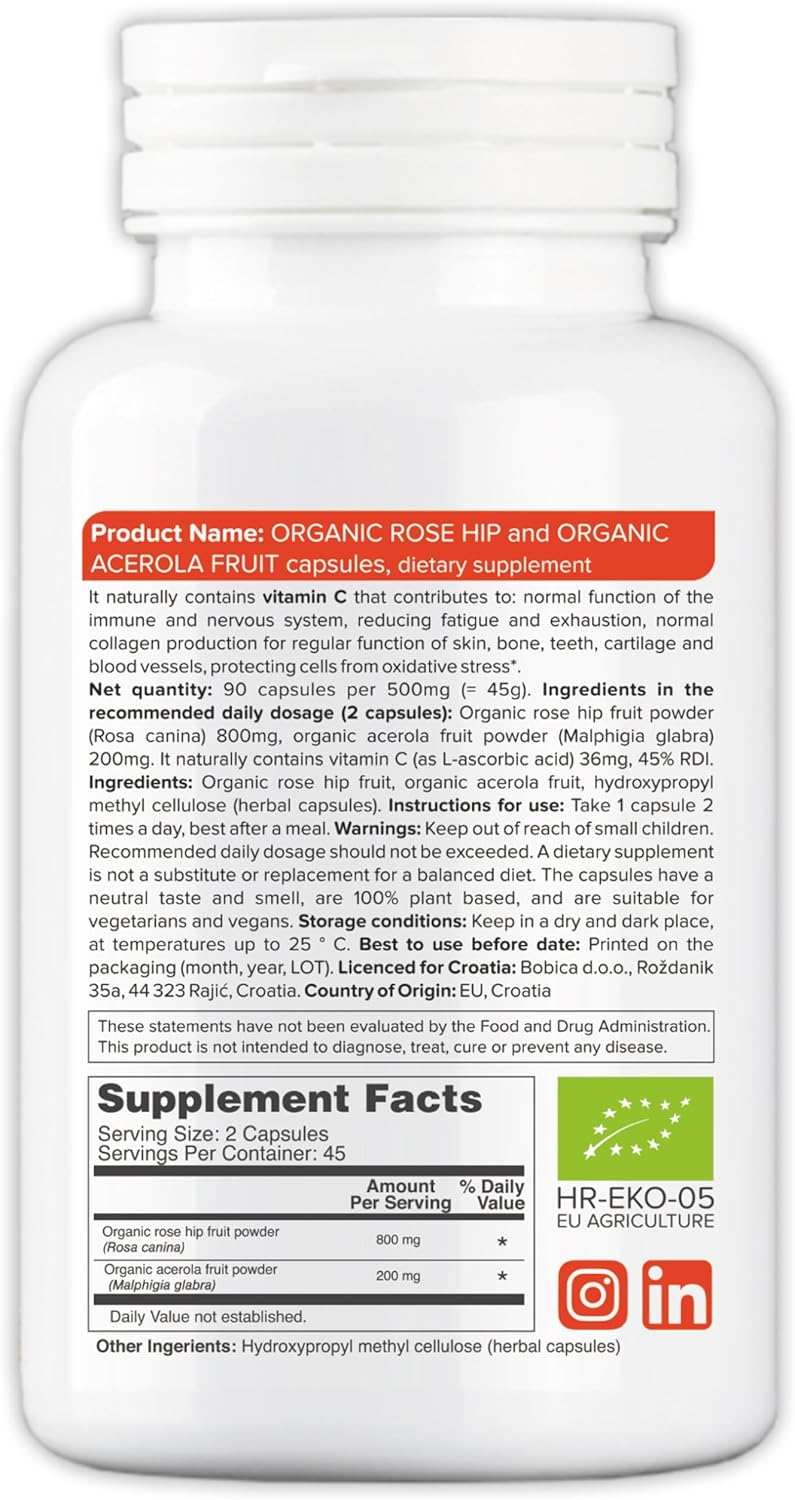 B. Organic RoseHips  Acerola Capsules  Plant Based Vitamin C 1000mg from Acerola Cherry Powder Organic  Rosehip Powder  Without Ascorbic Acid  Supports Immune Health  GMO free  90 Vegan Capsules - Image 2