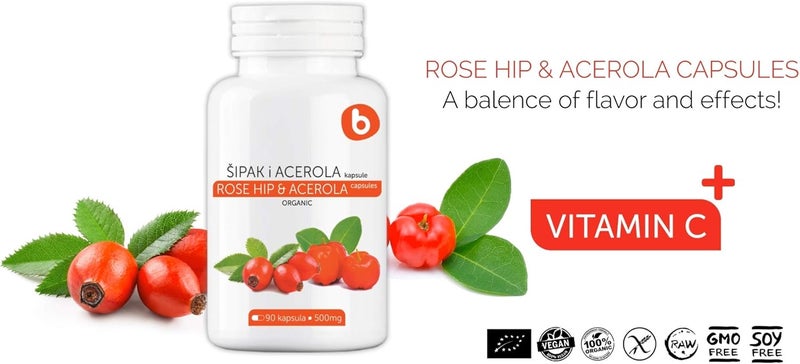B. Organic RoseHips  Acerola Capsules  Plant Based Vitamin C 1000mg from Acerola Cherry Powder Organic  Rosehip Powder  Without Ascorbic Acid  Supports Immune Health  GMO free  90 Vegan Capsules - Image 4