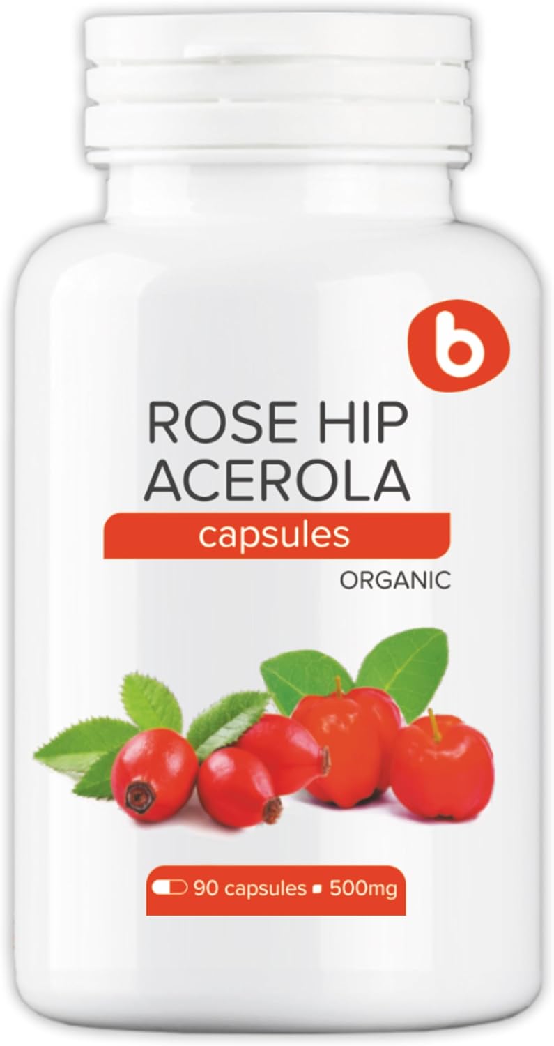 B. Organic RoseHips  Acerola Capsules  Plant Based Vitamin C 1000mg from Acerola Cherry Powder Organic  Rosehip Powder  Without Ascorbic Acid  Supports Immune Health  GMO free  90 Vegan Capsules - Image 1