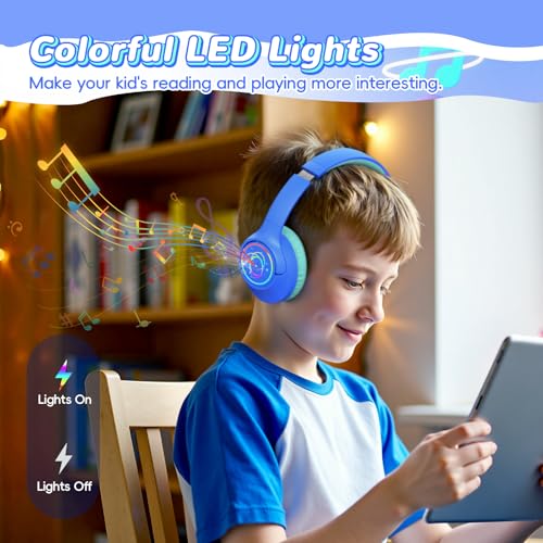 Botesty Sound Kids Bluetooth Headphones, 85H Playtime Wireless Headphones for Kids, Colorful LED Lights, 85/94dB Safe Volume Limit, Bluetooth 5.4 Built-in Mic Toddler Headset for Tablet/Airplane/Travel (Blue) - Image 3