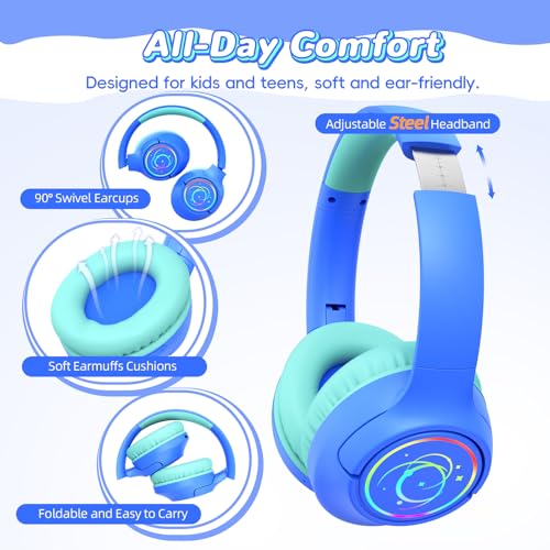 Botesty Sound Kids Bluetooth Headphones, 85H Playtime Wireless Headphones for Kids, Colorful LED Lights, 85/94dB Safe Volume Limit, Bluetooth 5.4 Built-in Mic Toddler Headset for Tablet/Airplane/Travel (Blue) - Image 5