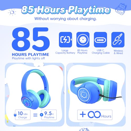 Botesty Sound Kids Bluetooth Headphones, 85H Playtime Wireless Headphones for Kids, Colorful LED Lights, 85/94dB Safe Volume Limit, Bluetooth 5.4 Built-in Mic Toddler Headset for Tablet/Airplane/Travel (Blue) - Image 2