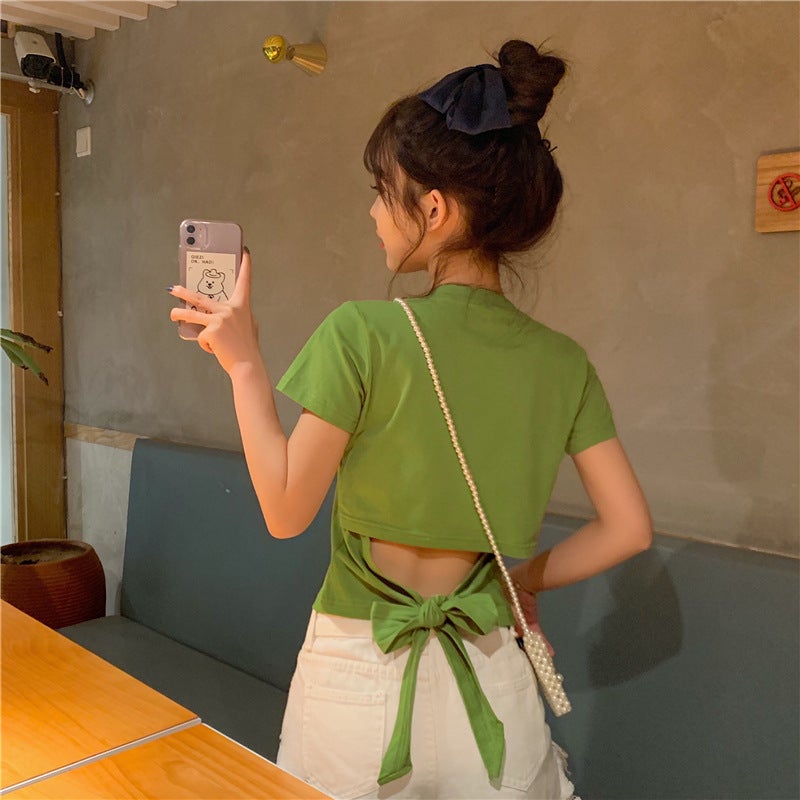 Short-Sleeved T-Shirt for Women, 2025 Summer New Style, Sexy Backless Bow Design, Cropped Top with a Trendy Design - Image 4