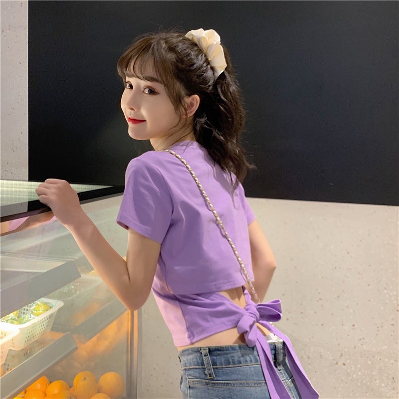Short-Sleeved T-Shirt for Women, 2025 Summer New Style, Sexy Backless Bow Design, Cropped Top with a Trendy Design - Image 1