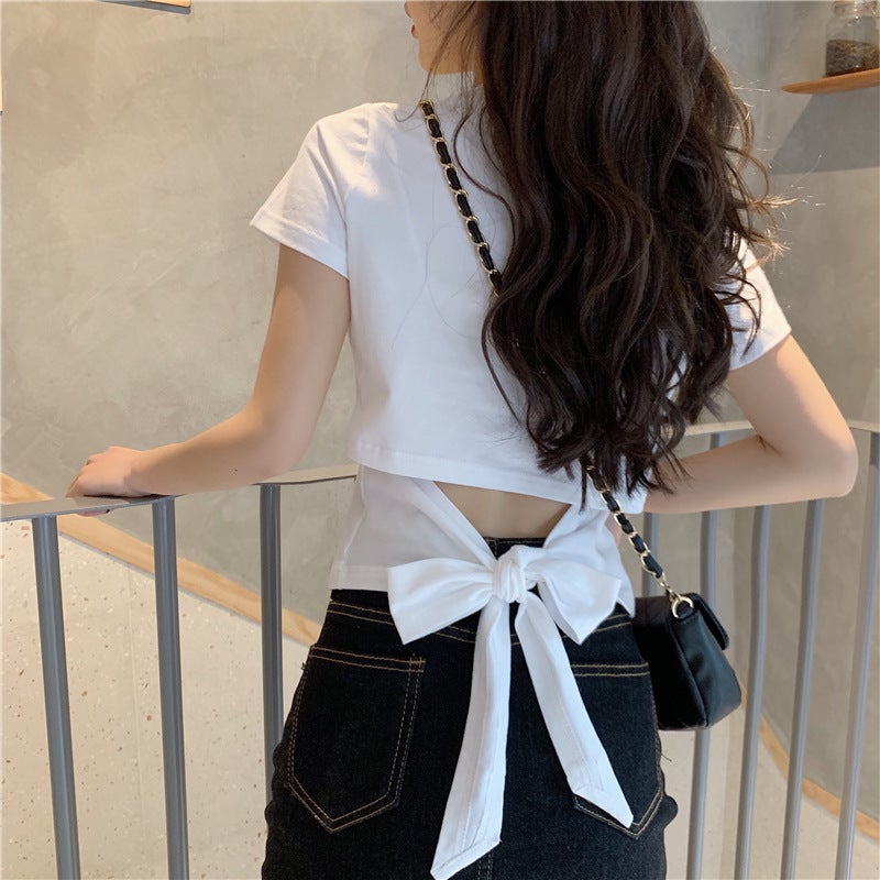 Short-Sleeved T-Shirt for Women, 2025 Summer New Style, Sexy Backless Bow Design, Cropped Top with a Trendy Design - Image 2