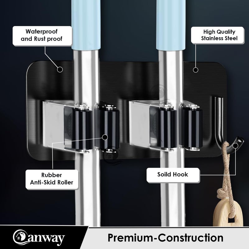 CANWAY Stainless Steel 2 Racks with 1 Hook Heavy Duty Wall Mounted Broom and Mop Stick Holder Hanging Tools for Home Kitchen Garden Laundry Garage 1 Piece Black - Image 4