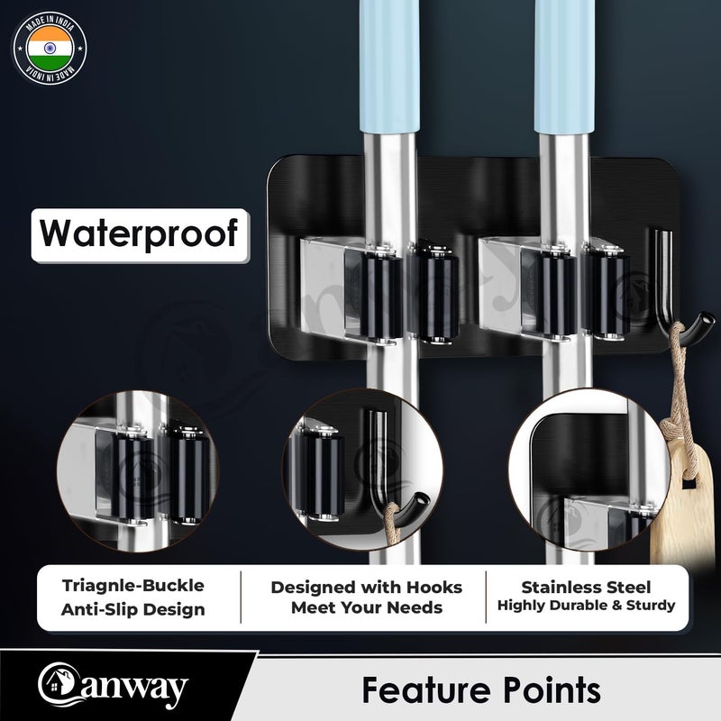 CANWAY Stainless Steel 2 Racks with 1 Hook Heavy Duty Wall Mounted Broom and Mop Stick Holder Hanging Tools for Home Kitchen Garden Laundry Garage 1 Piece Black - Image 3