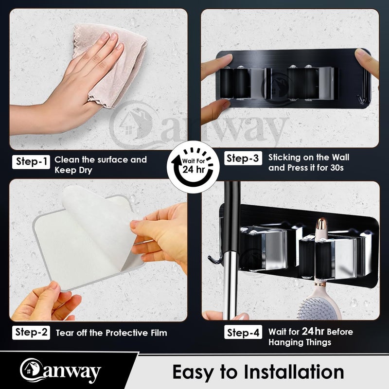CANWAY Stainless Steel 2 Racks with 1 Hook Heavy Duty Wall Mounted Broom and Mop Stick Holder Hanging Tools for Home Kitchen Garden Laundry Garage 1 Piece Black - Image 5