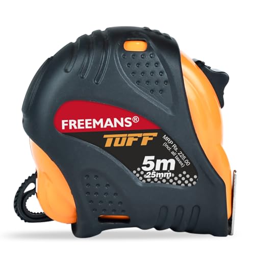 FREEMANS TUFF 5m:25mm Steel Inchi Measuring Tape - 5m with a Non Slip Rubber Covered ABS case || Double Side Printing || Click Action Front Lock and Belt Clip - Image 1