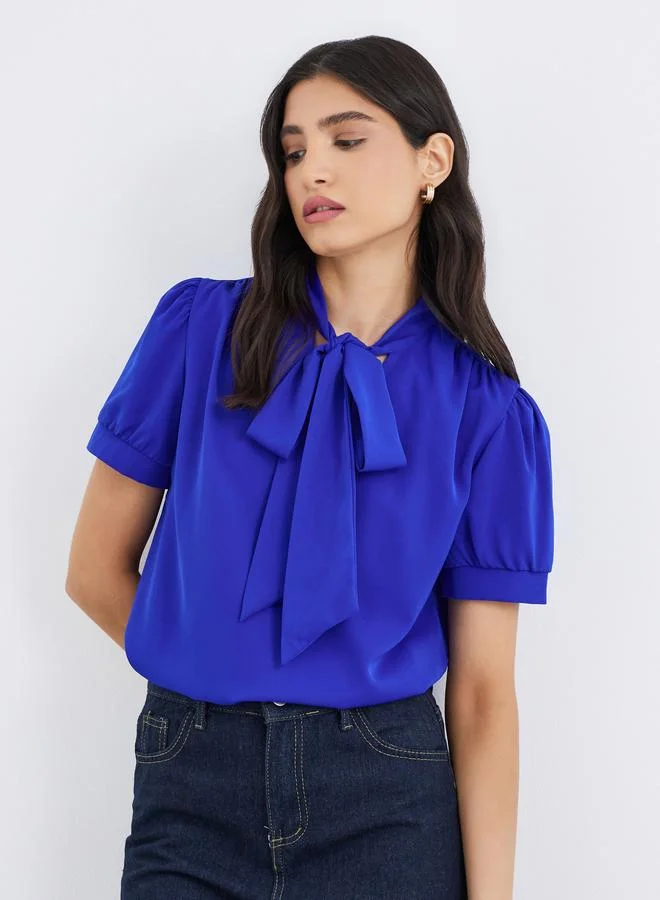 Take Two Solid Bow Tie Detail Puff Sleeve Top