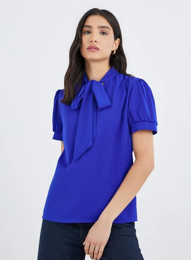 Take Two Solid Bow Tie Detail Puff Sleeve Top