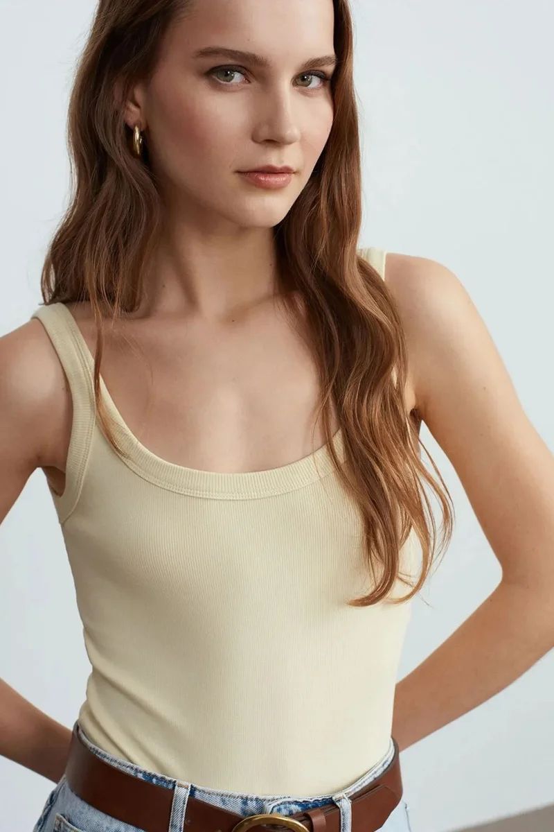 Dilvin Beige Natural DILVIN Sleeveless Ribbed Cotton-blend Bodysuit for Women | Best Price UAE