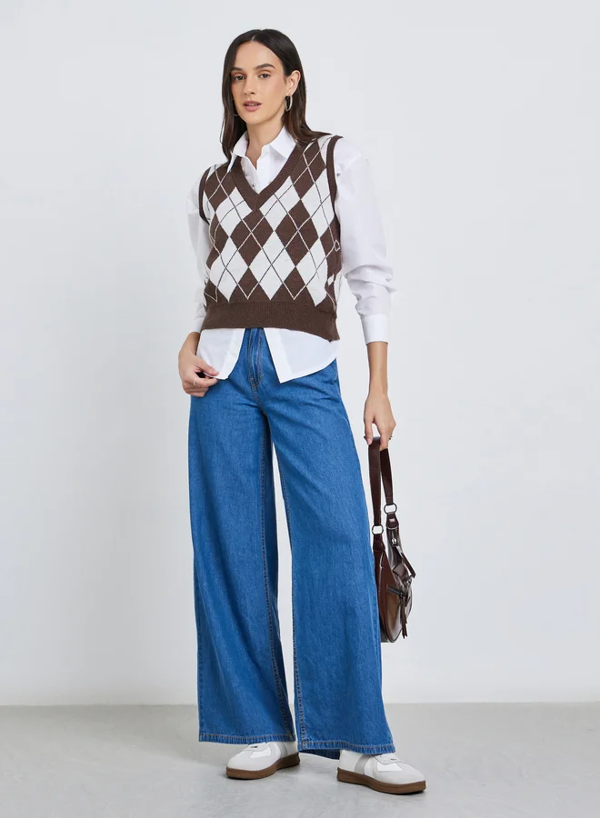 Styli Styli Checked V-Neck Knitted Top