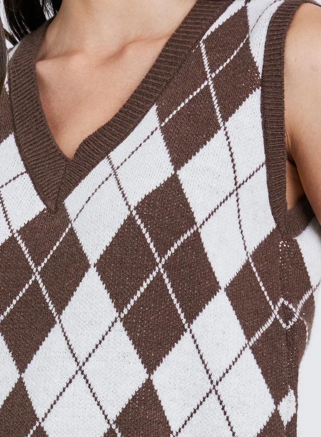Styli Styli Checked V-Neck Knitted Top