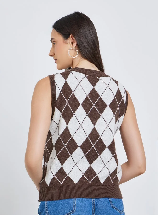 Styli Styli Checked V-Neck Knitted Top