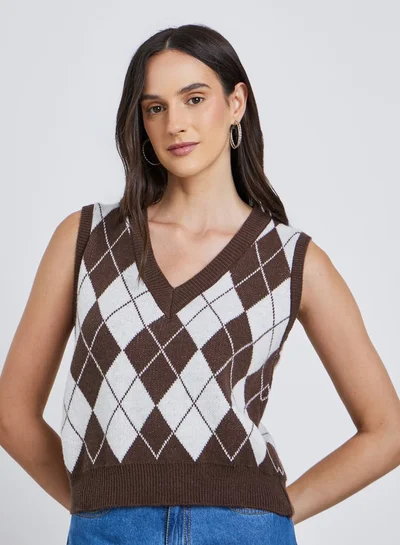 Styli Styli Checked V-Neck Knitted Top