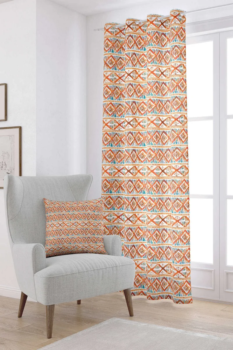 كانغو هوم Orange and White Ethnic Patterned Digital Printed Curtain CGH264-PR