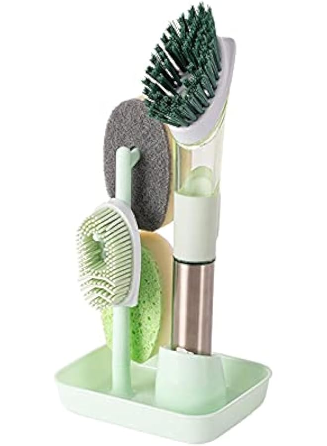 promass Soap Dispensing Dish Brush Set, Dish Scrubber with 1 Storage Holder and 4 Replaceable Brush Heads, Kitchen Scrub Brush for Pan Sink Cleaning, Dish Cleaning Washing Brush with Stainless Steel Handle - Image 1